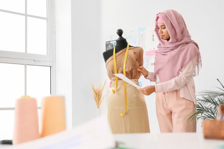 Female Muslim fashion designer working in studioの写真素材