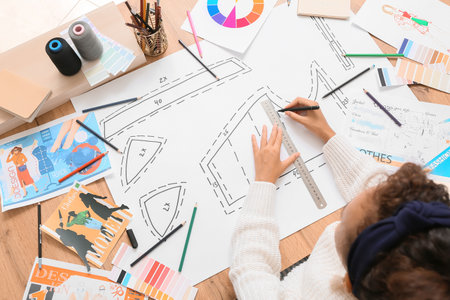 Female fashion designer working in studio, closeupの写真素材