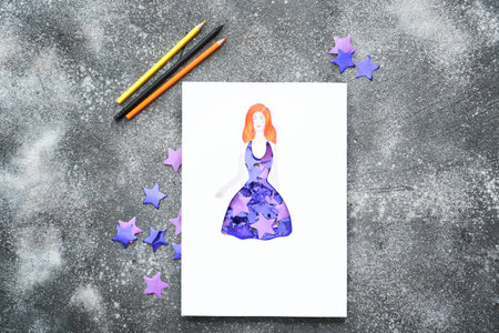 Drawn woman in dress made of stars on grunge background