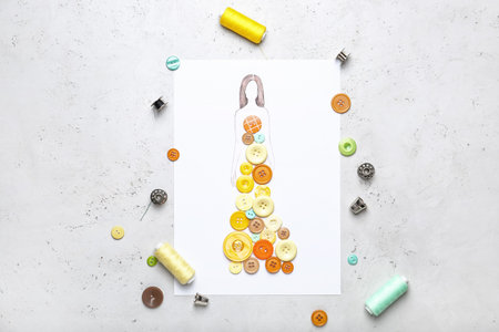 Drawn woman in dress made of cloth buttons on light background
