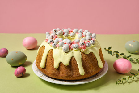 Plate with tasty Easter cake, eggs and eucalyptus branches on color background