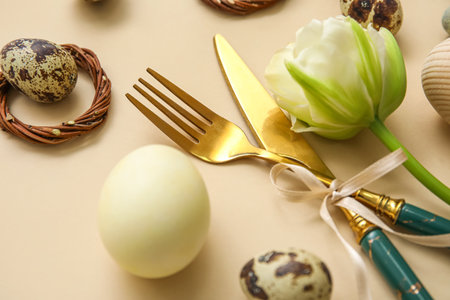 Table serving with Easter eggs and tulip flower on beige background