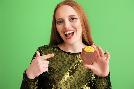 Happy young woman pointing at cookie on green background. St. Patrick's Day celebration