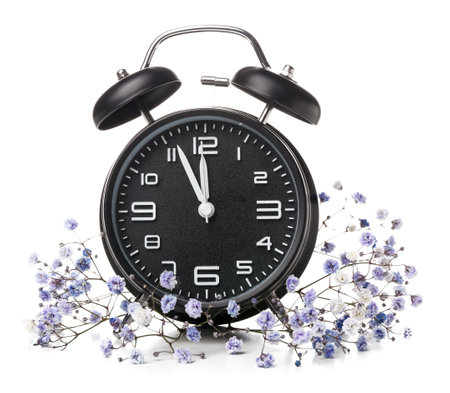 Alarm clock with gypsophila flowers on white background