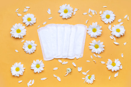 Composition with menstrual pads and chamomile flowers on color background