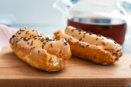 Board with delicious eclairs on gray table