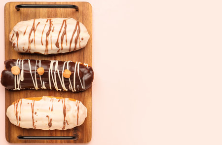 Board with delicious eclairs on pink backgroundの写真素材
