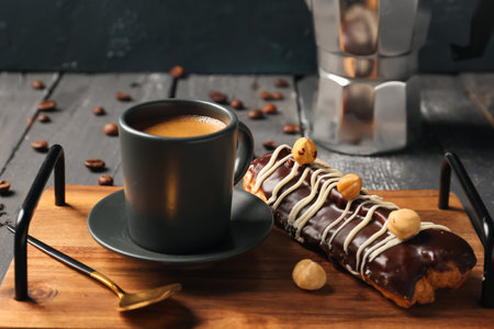 Board with delicious chocolate eclair and cup of coffee on black wooden table