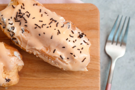 Board with delicious eclairs and fork on gray table