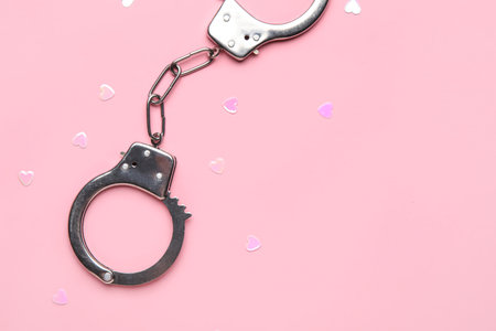 Handcuffs from sex shop and hearts on pink backgroundの写真素材