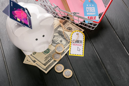 Piggy bank with money, shopping basket, bags and tags with text CYBER MONDAY on dark wooden backgroundの写真素材