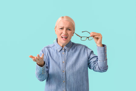 Stressed mature woman on color backgroundの写真素材