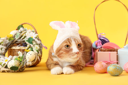 Cute cat with bunny ears, Easter eggs, gifts and wreath on yellow background, closeup