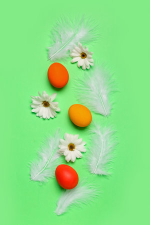 Composition with Easter eggs, feathers and chamomile flowers on green backgroundの写真素材