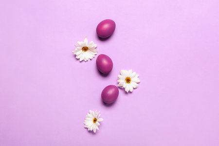 Composition with painted Easter eggs and chamomile flowers on lilac backgroundの写真素材