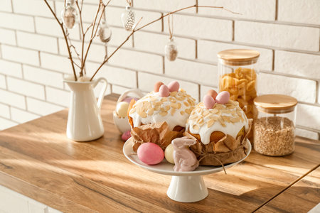 Stand with Easter cakes, painted eggs and bunny on kitchen counterの写真素材