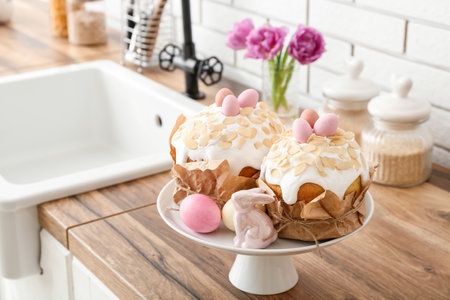 Stand with Easter cakes, painted eggs and bunny on kitchen counterの写真素材