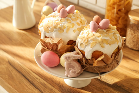 Stand with Easter cakes, painted eggs and bunny on kitchen counter