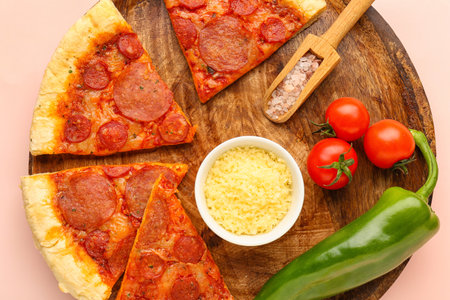 Board with slices of delicious pepperoni pizza, jalapeno pepper, tomatoes and salt on pink backgroundの写真素材