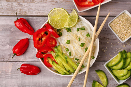 Composition with bowl of tasty rice noodles, vegetables and sesame seeds on light background, closeupの写真素材