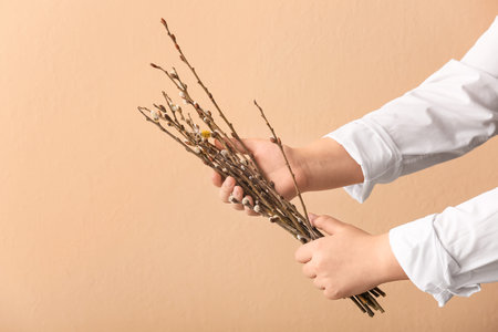 Woman holding willow branches on brown backgroundの写真素材