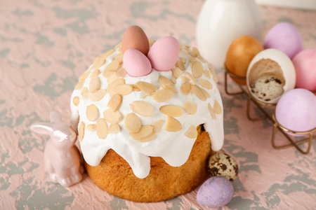 Easter cake, painted eggs and bunny on pink grunge background