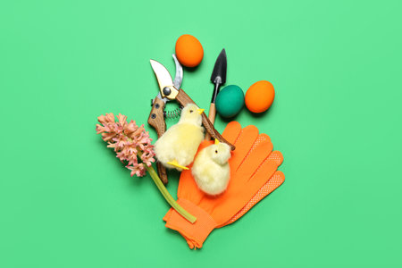 Gardening tools with Easter eggs, flower and chickens on green backgroundの写真素材
