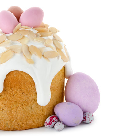 Easter cake and painted eggs isolated on white background