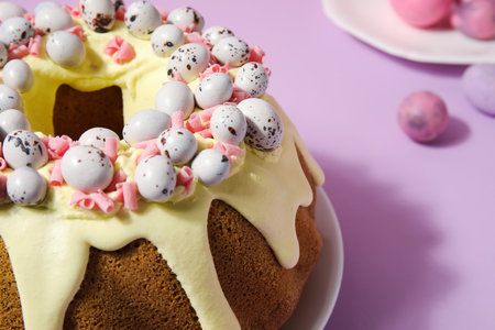 Delicious Easter cake on color background, closeup
