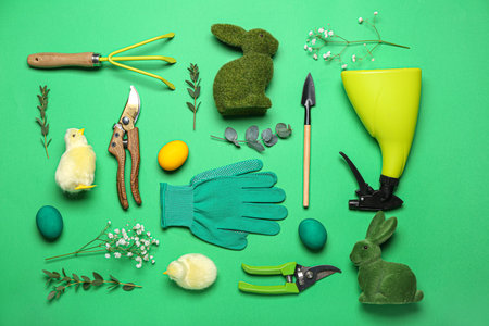 Gardening tools with Easter rabbits, eggs, chickens and plants on green background