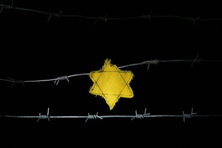 Barbed wire with yellow Jewish badge on dark background.