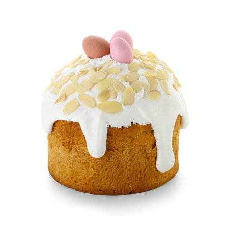 Easter cake decorated with eggs and nuts on white backgroundの写真素材