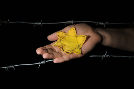 Woman with yellow Jewish badge and barbed wire on dark background.