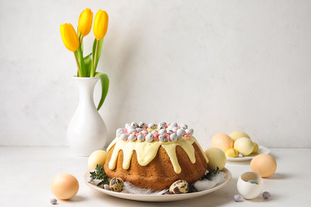 Plate with tasty Easter cake, eggs and tulip flowers on light background