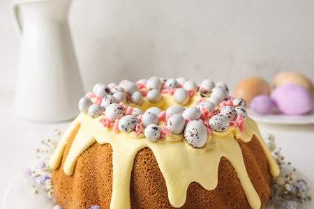 Plate with tasty Easter cake decorated with sweet eggs on light background, closeup