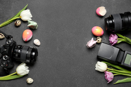 Frame made of professional photo camera, tulips and Easter eggs on dark background