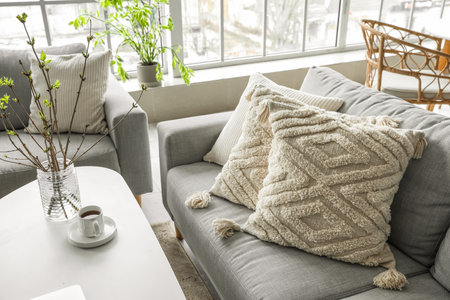 Gray sofa with stylish cushions in light living room