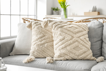Gray sofa with stylish pillows in kitchen