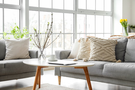 Gray sofas with stylish cushions in interior of living roomの写真素材