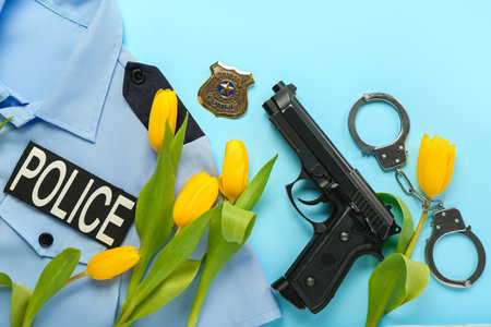 Policeman's uniform with items and tulips on blue background. hello spring