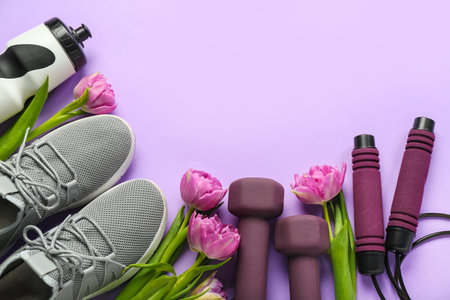 Sports equipment with tulips on lilac background. hello springの写真素材