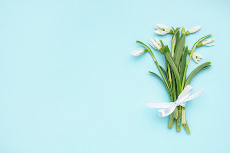 Bouquet of beautiful snowdrops tied with ribbon on blue backgroundの写真素材