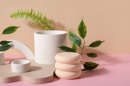 Plaster podiums with ficus and fern branches on pink table against beige backgroundの写真素材