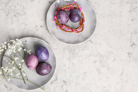 Plates with painted Easter eggs and gypsophila flowers on light backgroundの写真素材