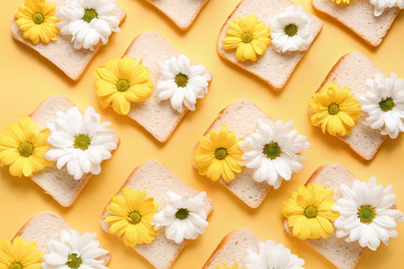 Composition with slices of bread and beautiful chrysanthemum flowers on yellow backgroundの写真素材