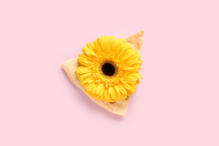 Piece of pizza with beautiful gerbera flower on pink background