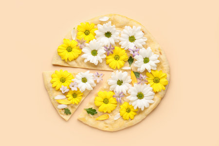 Pizza with beautiful chrysanthemum flowers on color backgroundの写真素材