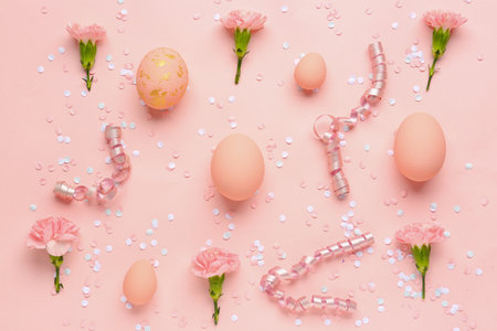 Composition with Easter eggs, carnation flowers, confetti and serpentine on pink backgroundの写真素材