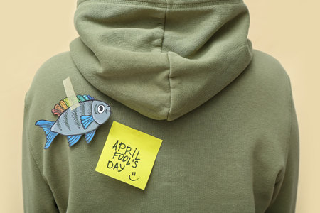 Sticky paper with text APRIL FOOL'S DAY and fish on woman's back against color background, closeup