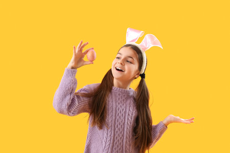 Little girl in bunny ears with Easter egg on yellow backgroundの写真素材